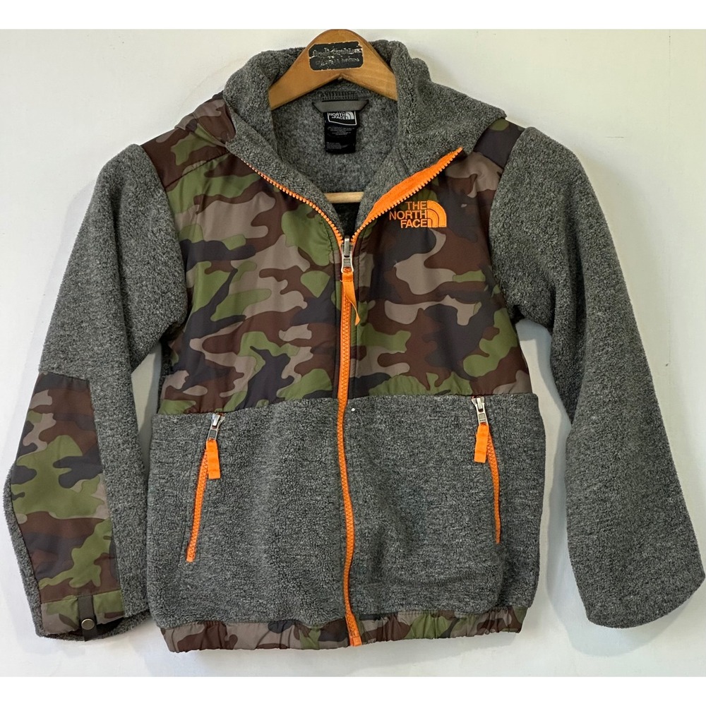 North Face Fleece Jacket Camo Hooded Boys S 7/8 Grey Orange Excellent